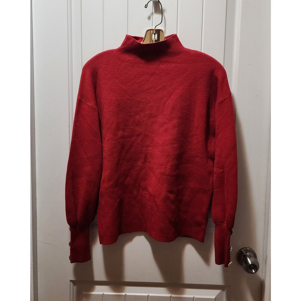 Tahari Sweater Jeweled Sleeved Cranberry Red Womens Small Turtle Neck